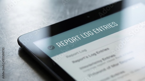 Close up of a digital tablet screen displaying a business report log for data management and audit tracking.