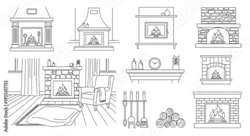 Collection of fireplace designs and interior scenes.