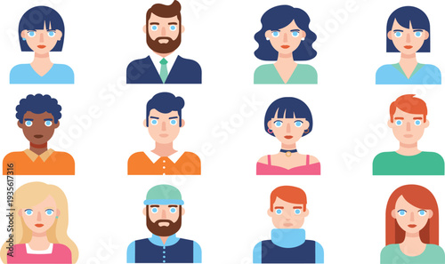 People Avatar Icon Set with Men and Women Characters Different Hairstyles and Faces Flat Vector User Profile Illustration Collection.