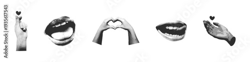 Body parts lips, smile and hand gestures halftone collages, Heart from fingers of two hands pop art set of elements for Valentine's Day