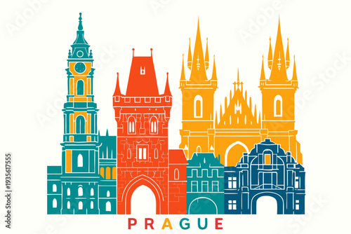 Colorful illustration of Prague cityscape with famous landmarks