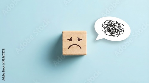 Mental health concept with sad face on wooden block and tangled thoughts in speech bubble on blue background.
