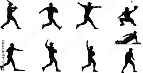 Baseball player silhouettes, batting, pitching, catching, sliding, running, throwing, sports action, athletic movement, baseball game poses, dynamic illustration