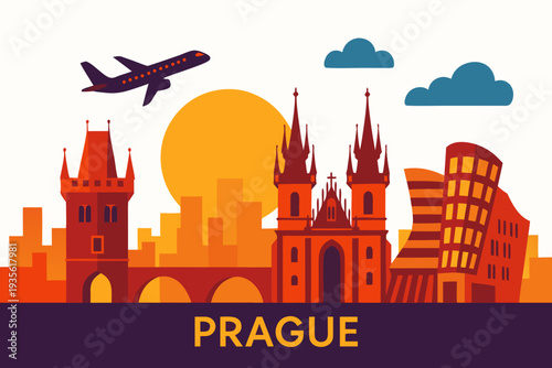 A vibrant vector illustration of Prague cityscape with iconic landmarks and a flying airplane