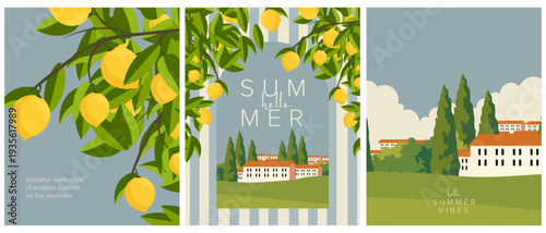 Hello Summer Time set of postcards, posters, covers, summer banners