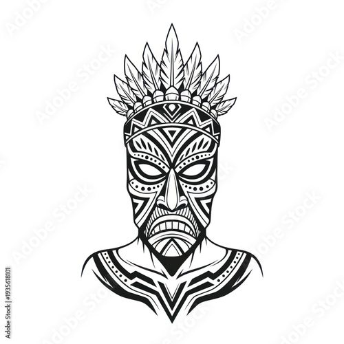 Black and white Polynesian tribal mask illustration artwork.