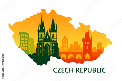 A colorful vector graphic illustration of the Czech Republic map with landmarks
