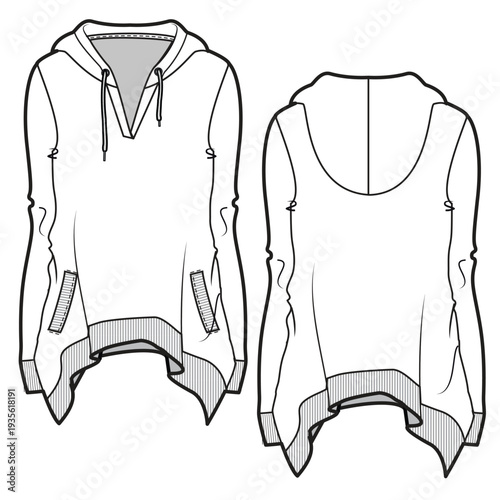 Loose fit hoodies vector design technical flat drawing by adobe illustrator.