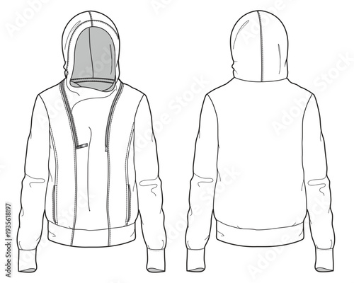 Ladies hoodies technical flat drawing vector mockup illustration.