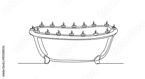 Minimalist line art of bathtub with many lit candles