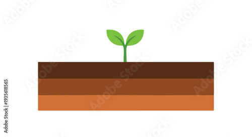 Flat lay illustration of a green seedling growing in a layered brown soil block on a white background.