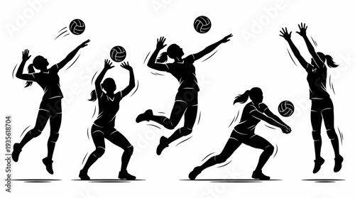 Volleyball Player Vector Silhouette Jump Serve Spike Action Pose with Ball Dynamic Sports Illustration Athletic Motion Graphic Icon Volleyball Vector Design for Team Competition