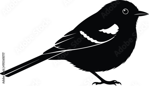 black songbird silhouette illustration, small perched bird wildlife vector graphic, simple avian nature animal isolated design element