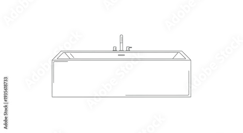 Minimalist outline drawing of a modern rectangular bathtub with faucet