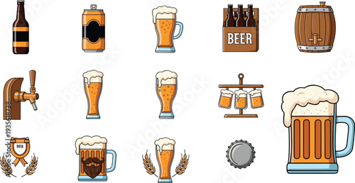 Beer icons collection, brewing symbols, beer bottle, beer can, frothy mug, barrel, tap dispenser, tall glass, six-pack, beer emblem