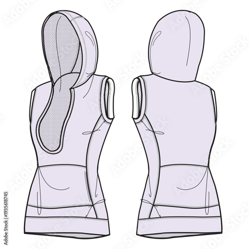 Women’s sleeveless hooded jacket vector template technical design by adobe illustrator. 
