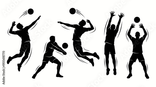 Volleyball Player Vector Silhouette Jump Serve Spike Action Pose with Ball Dynamic Sports Illustration Athletic Motion Graphic Icon Volleyball Vector Design for Team Competition