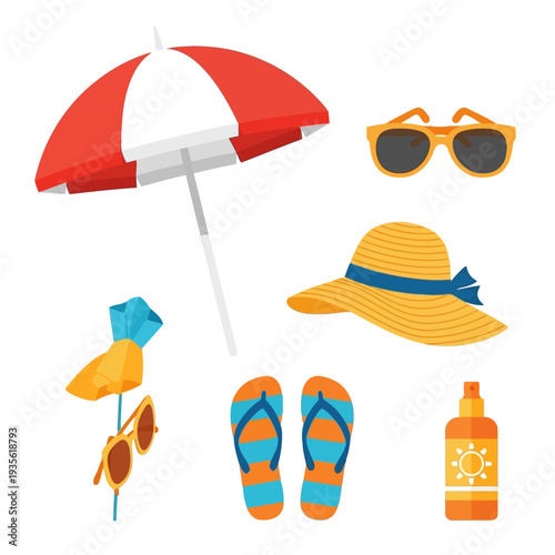 Summer vacation accessories including sunglasses, hat, flip flops, and sunscreen lotion arranged around a red and white beach umbrella.