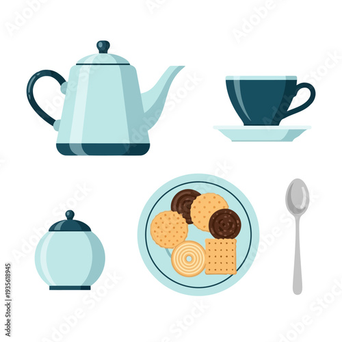 A serene tea setting featuring a teapot, cup, biscuits, and spoon on a plain surface, viewed from directly above