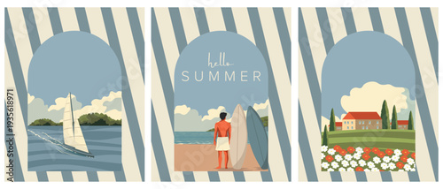 A set of posters- summer holidays, summer time, hello summer, postcards, covers, banners