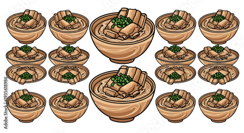 Bak Kut Teh Illustration Pattern, Traditional Singaporean and Malaysian Pork Rib Soup in Ceramic Bowls, Asian Cuisine Vector Art Isolated on White Background.