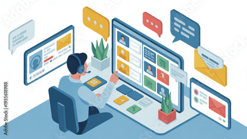 Man sitting at desk with multiple computer screens and devices for online communication and work