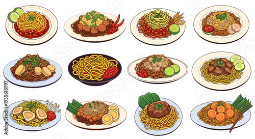 Assorted Singaporean and Malaysian Noodle Dishes Illustration, Asian Hawker Food Set with Mee Rebus and Mee Goreng