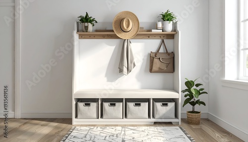 Hallway storage unit with bench, shelves, hooks, and baskets, accessorized with plants