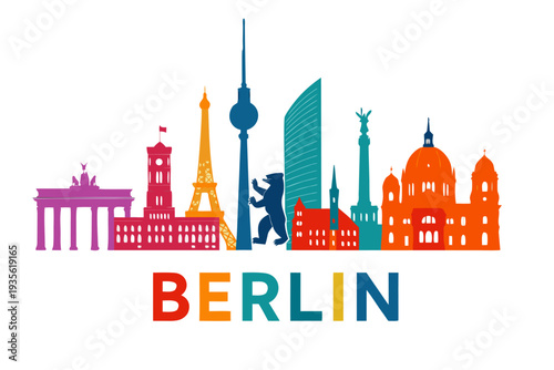 A colorful vector graphic illustration of the Berlin city skyline with famous landmarks