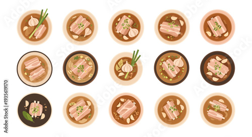 Bak Kut Teh illustration set, Singaporean pork rib soup with garlic and herbs, Chinese herbal soup top view collection, Southeast Asian street food vector art.