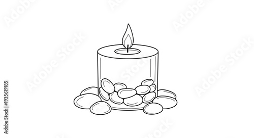 Outline drawing of a lit candle in glass with smooth stones