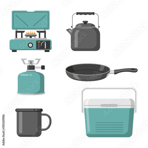 Camping cooking equipment and utensils displayed on a white background from a top-down viewpoint