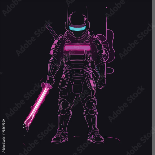 Cyber Samurai: A futuristic warrior, a cyber samurai, stands ready, blending traditional samurai armor with neon cyberpunk aesthetics. He holds a glowing sword and stands against a dark background.