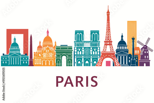 A colorful vector graphic illustration of Paris city skyline with famous landmarks