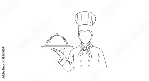 Outline illustration of chef holding a serving cloche