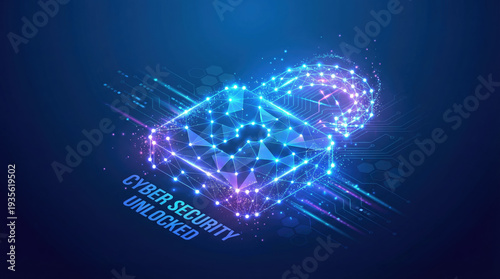 Cyber security unlocked concept with glowing digital padlock on blue circuit background.