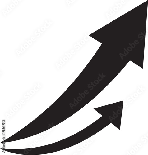 Black curved and straight arrows pointing upwards isolated on transparent background