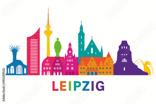 A colorful vector graphic illustration of the Leipzig city skyline