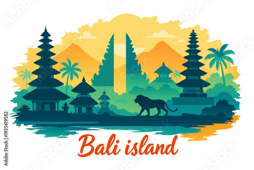 A vibrant vector illustration of Bali island with temples and a lion