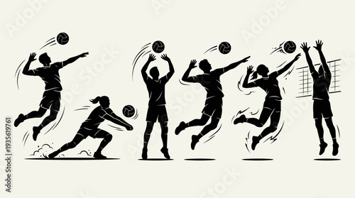 Volleyball Player Vector Silhouette Jump Serve Spike Action Pose with Ball Dynamic Sports Illustration Athletic Motion Graphic Icon Volleyball Vector Design for Team Competition