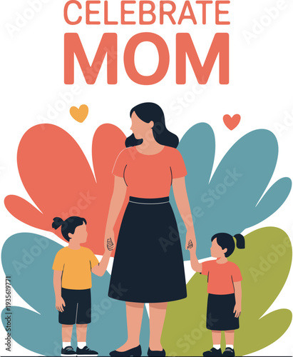 Mother and two children holding hands with abstract shapes 1