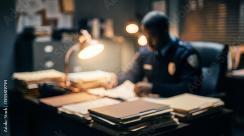 A weary officer doing administrative work in a dimly lit room