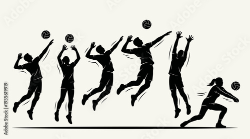 Volleyball Player Vector Silhouette Jump Serve Spike Action Pose with Ball Dynamic Sports Illustration Athletic Motion Graphic Icon Volleyball Vector Design for Team Competition