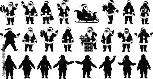 Santa Claus silhouettes, Christmas icons, festive poses, holiday design, gift giving, sleigh ride, chimney scene, waving Santa, seasonal decoration