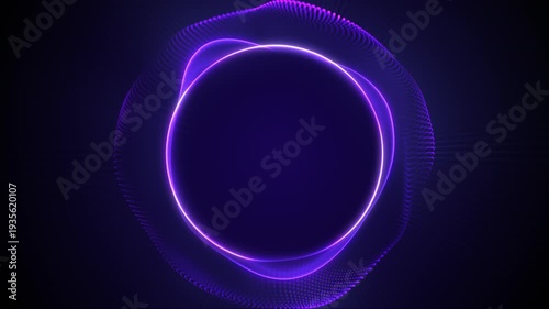 Abstract radiant violet energy ring sphere with pulsating particle halo and smooth neon plasma outline on dark blue background. Futuristic glowing circular waveform orb with dynamic light rays.