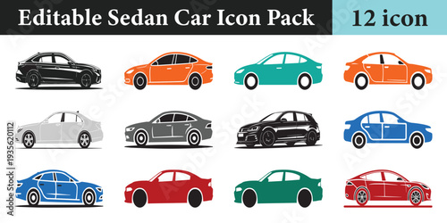 Editable Sedan Car Icon Pack 12 Colorful Modern Vehicle Outlines for Automotive Design