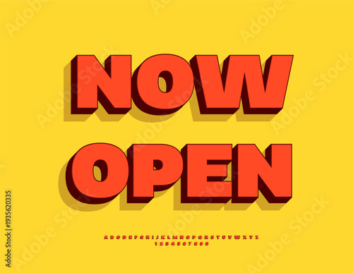 Vector Promo signboard Now Open. Bold Red Font. Classic 3D Alphabet Letters and Numbers set.