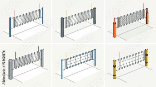 Volleyball Net Vector Designs Collection with Standard, Thick Posts, Shaded Posts, Variable Mesh, Colored Mesh, Advanced Court Net Vector Illustrations for Sports Graphics