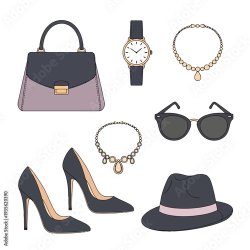 Fashion accessories including handbag, watch, jewelry, shoes, sunglasses, and hat displayed together in a stylish arrangement