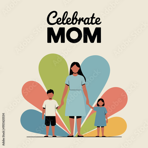 Mother and two children holding hands with abstract shapes